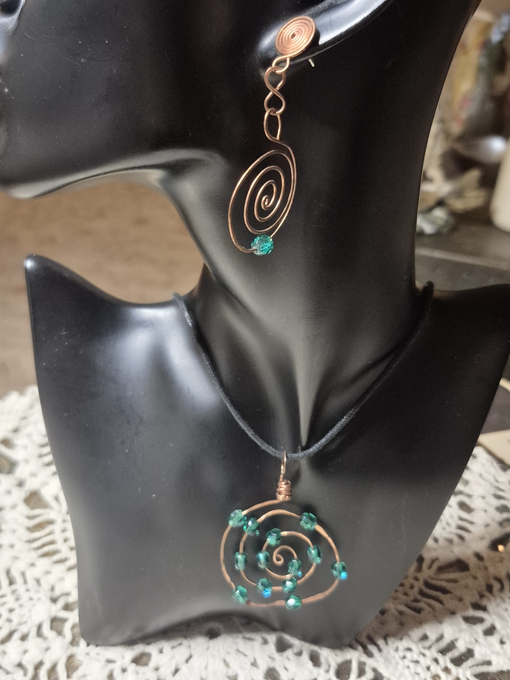 Handcrafted Copper Spiral Necklace and Earrings Set with Green Beads